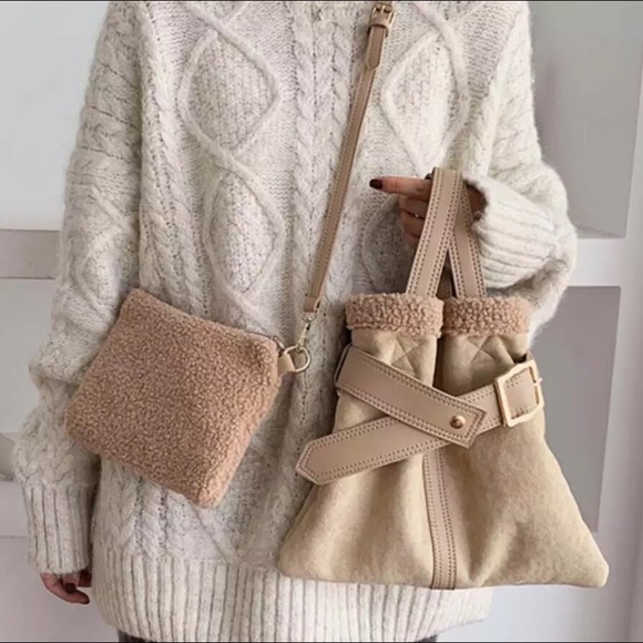 Bucket bag shoulder duo-style womens khaki cream belt magnet fuzzy soft leather - Picture 8 of 10